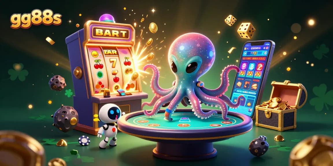 Experience exciting game action at gg88s with an alien octopus at a holographic poker table, amidst colorful casino elements.