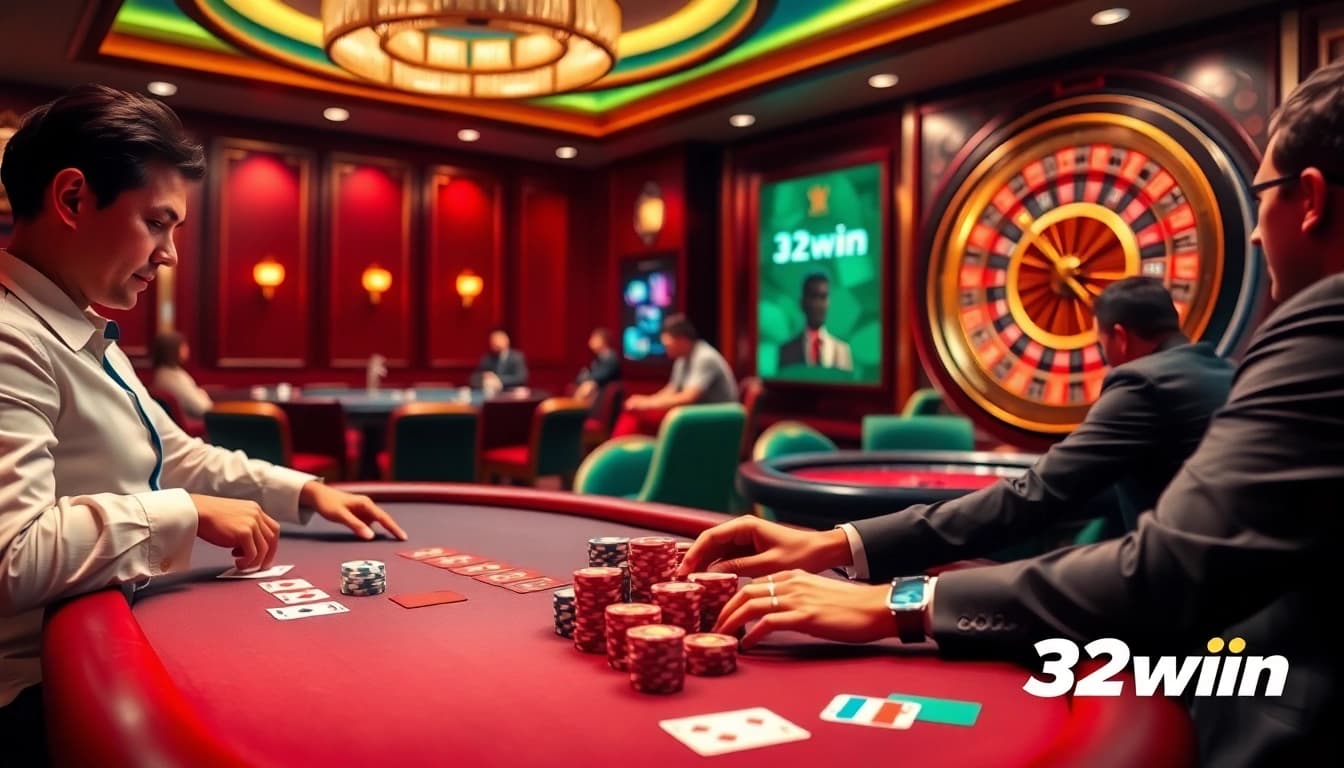 Players engaging in thrilling poker action at a 32win casino table with vibrant lights and luxurious decor.