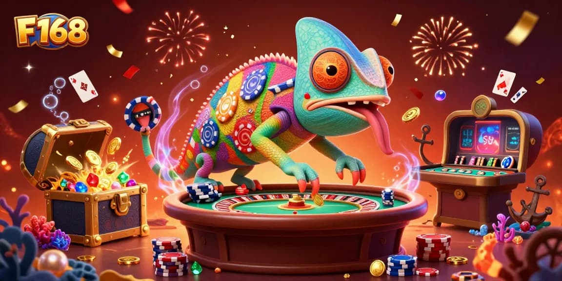 Experience the thrill of F 168 with a vibrant chameleon casino owner amidst a dynamic gambling scene filled with treasures.