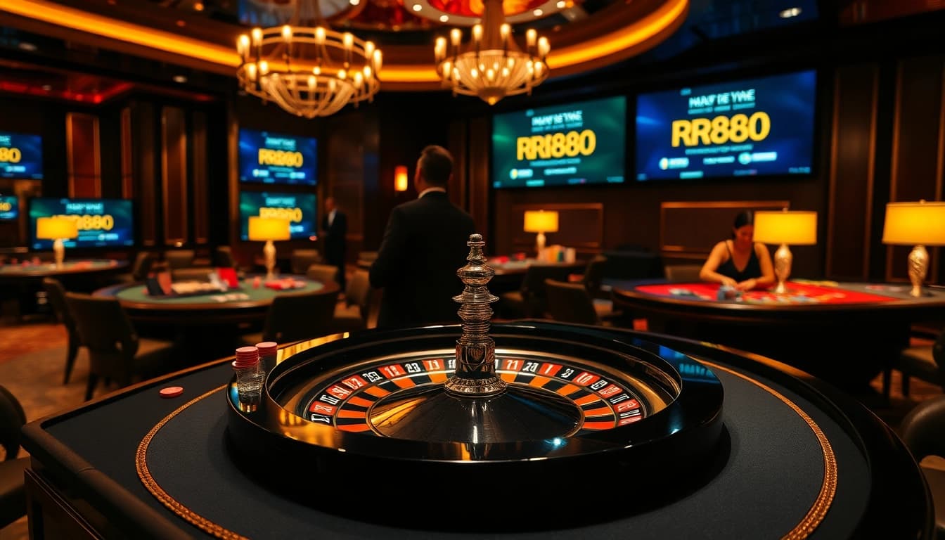 RR88 players enjoying an exciting game at a stylish roulette table in a glamorous casino setting.