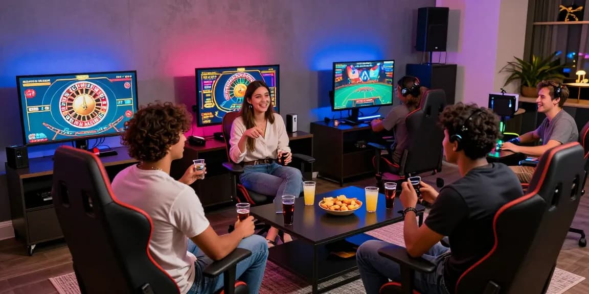 Friends enjoying exciting live gaming at CM88 casino setup with vibrant screens.