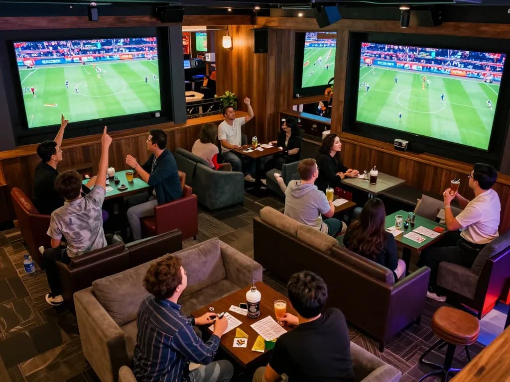 Patrons engaging in live sports betting at MMOO, showcasing excitement and dynamic atmosphere.