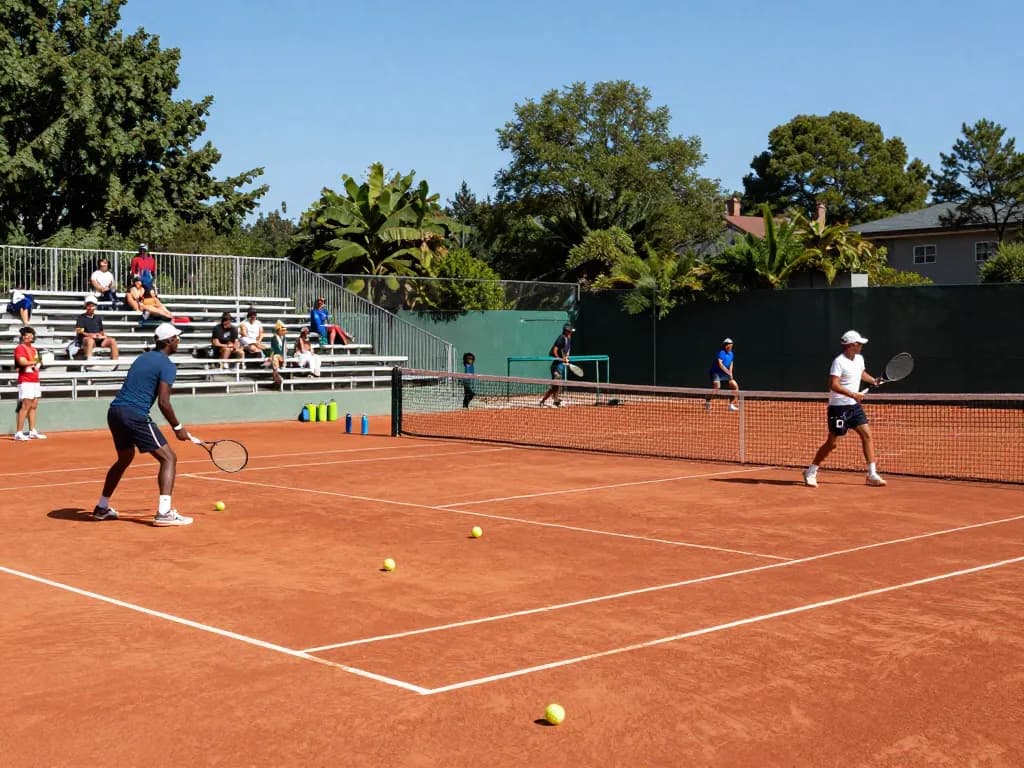 Players enjoying a match on a HybridClay tennis court, showcasing authentic red clay texture and vibrant atmosphere.