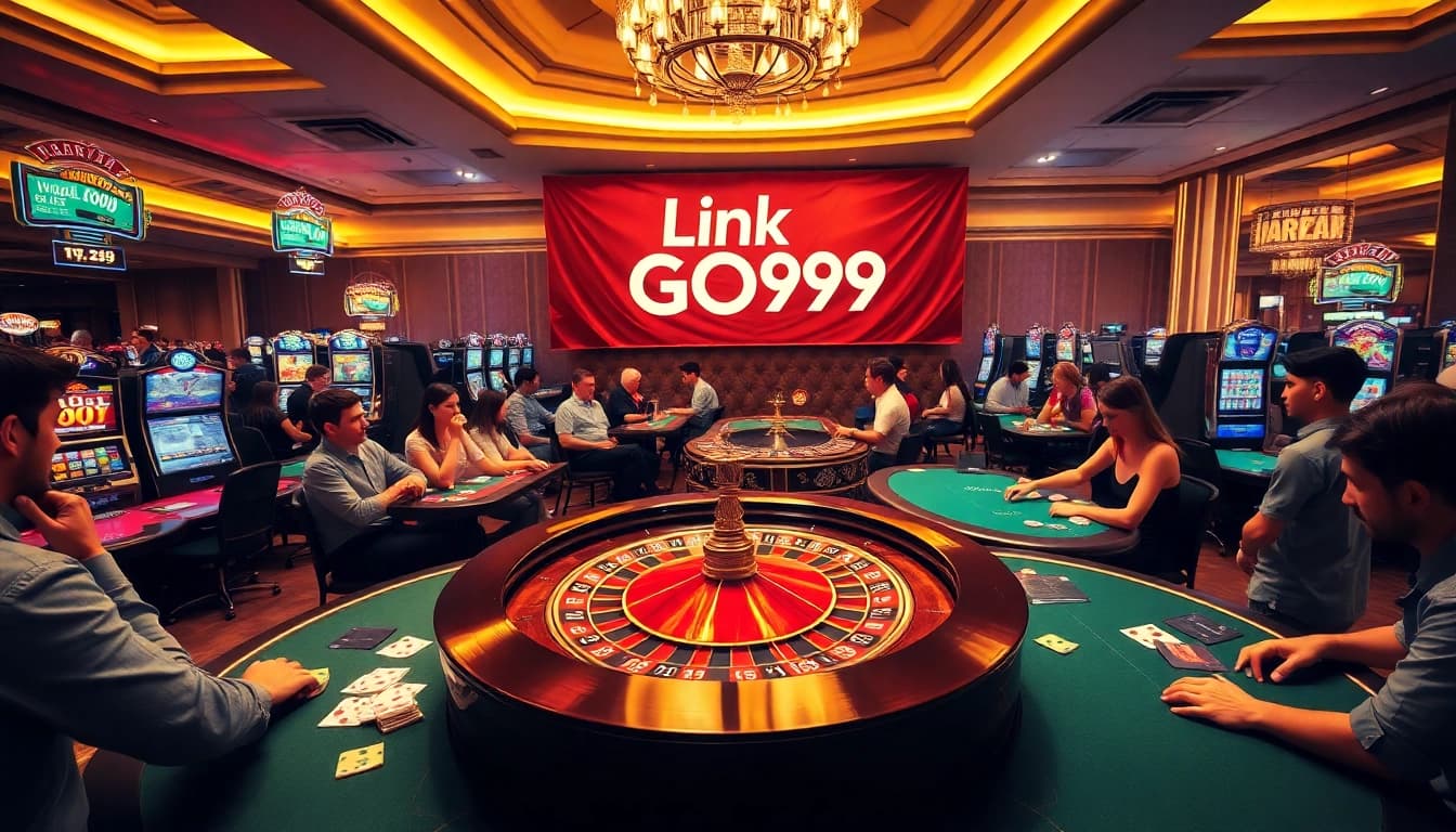 Exciting gambling scene at a casino highlighting Link GO99 with roulette and slot machines