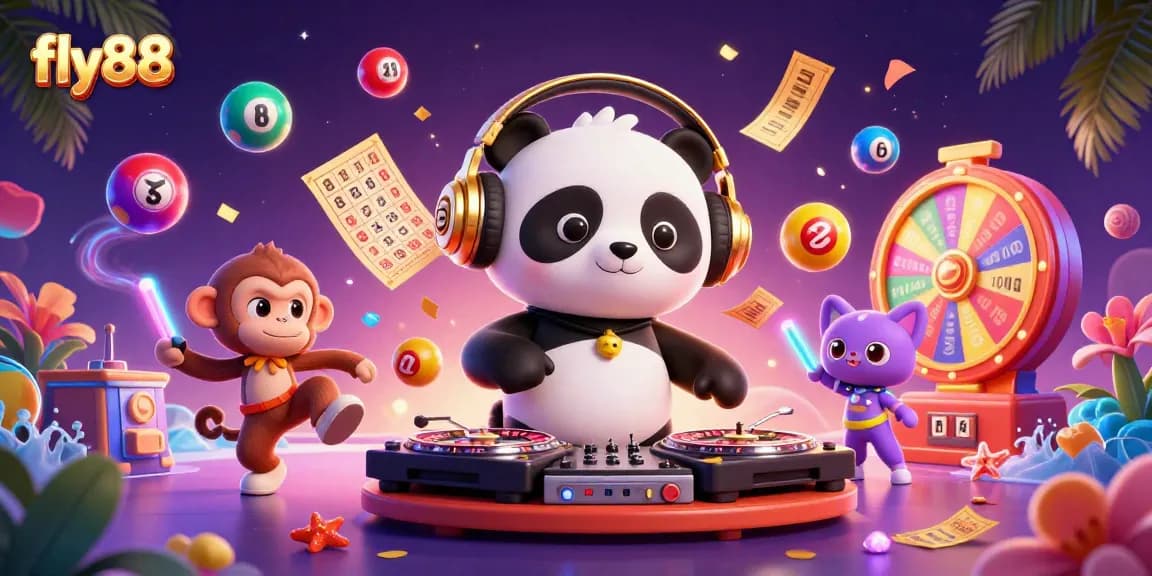 Experience dynamic gameplay with fly88, featuring a DJ panda, breakdancing monkey, and kittens in a colorful casino setting.