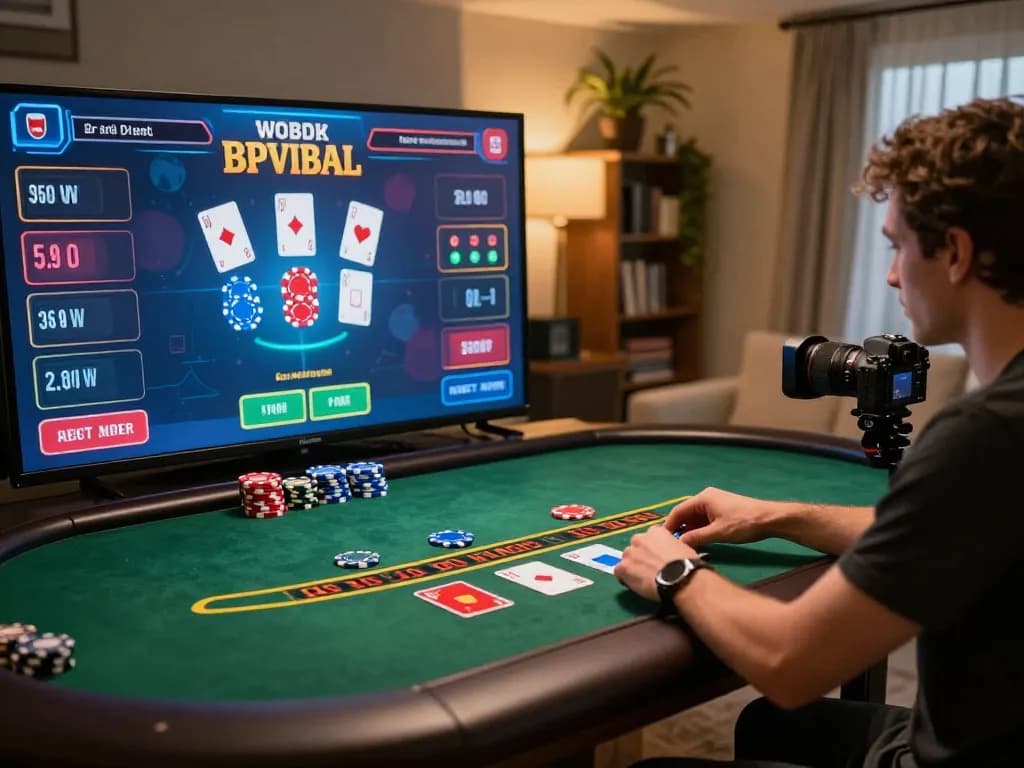 Player engaging in blackjack gameplay on the go88 platform, showcasing digital cards and chips, warm home setting.