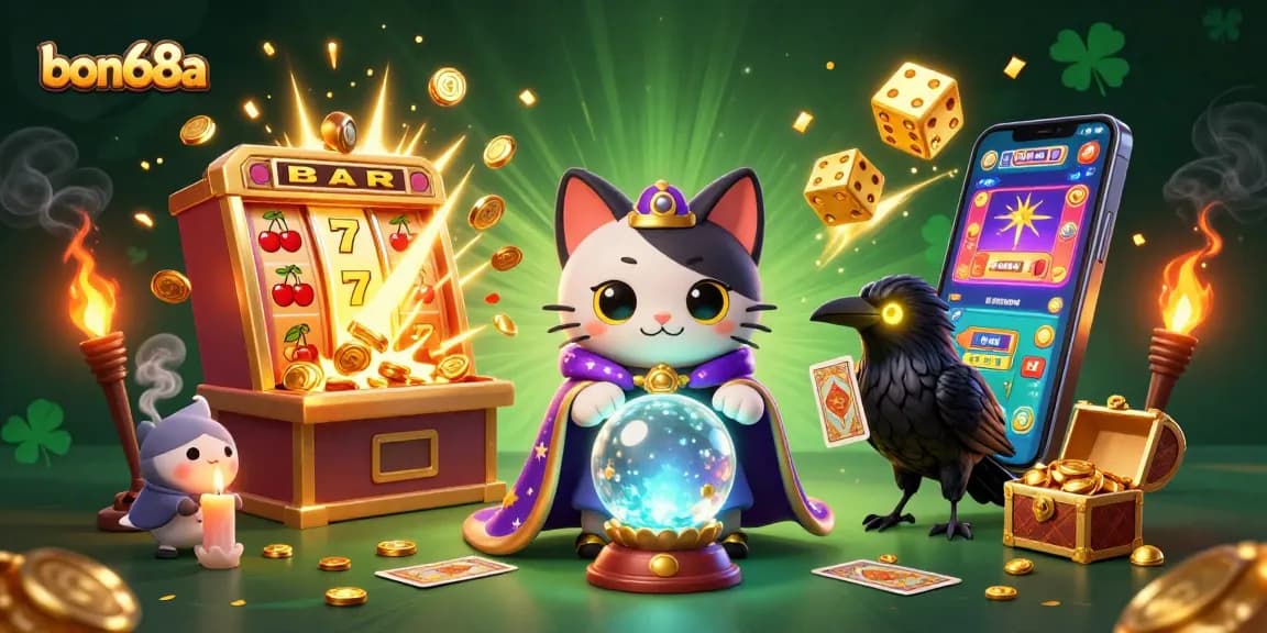 Experience the excitement of bon68a with a vibrant 3D casino scene featuring fortune teller cat and jackpot elements.