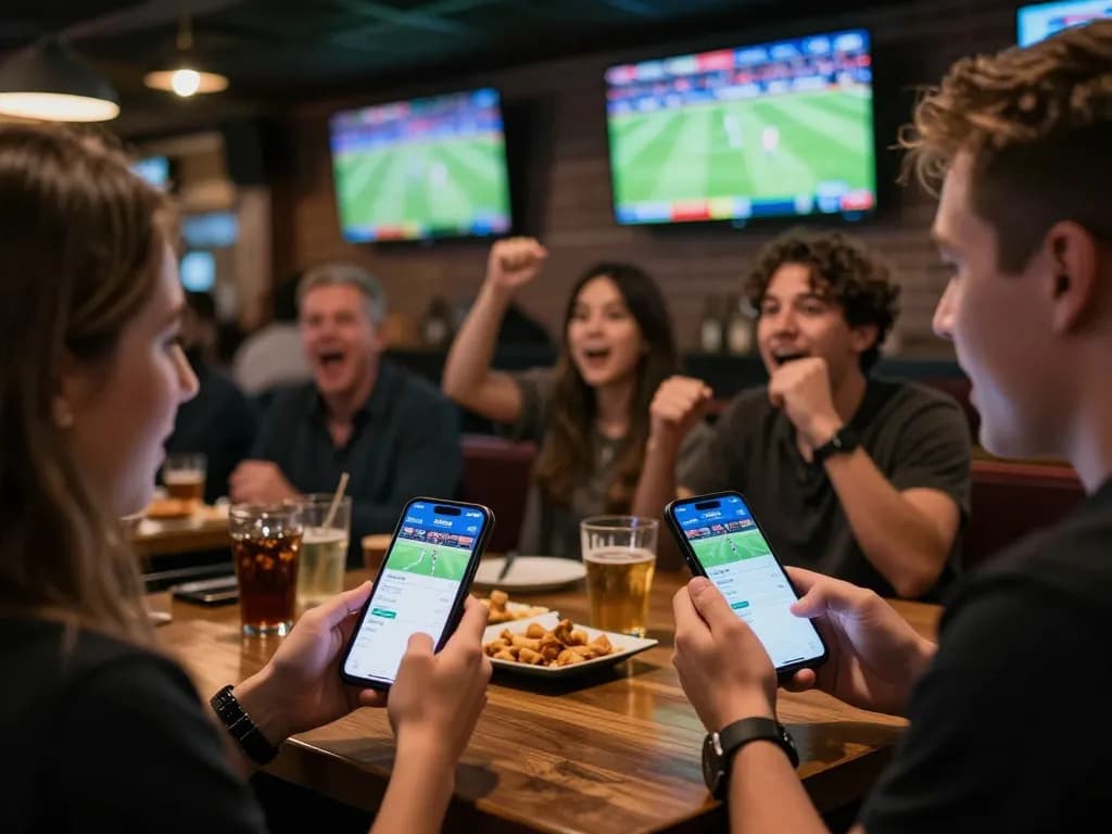CM88 sports betting action with friends enjoying live games on mobile devices at a lively sports bar