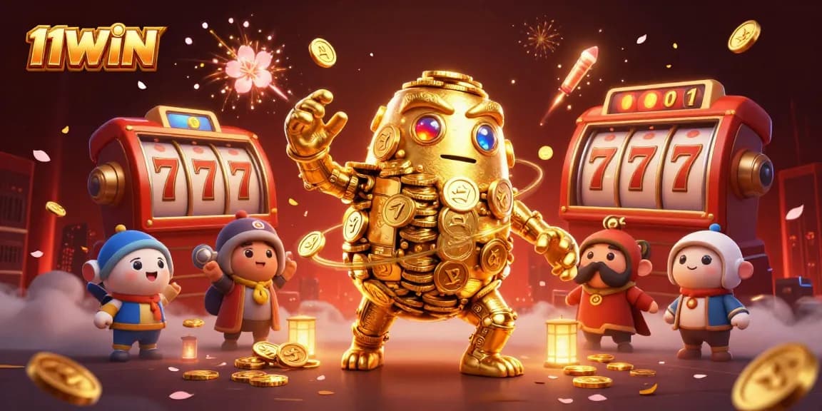Spin the reels with 11WIN's vibrant 3D golden golem amidst lively slot game elements.