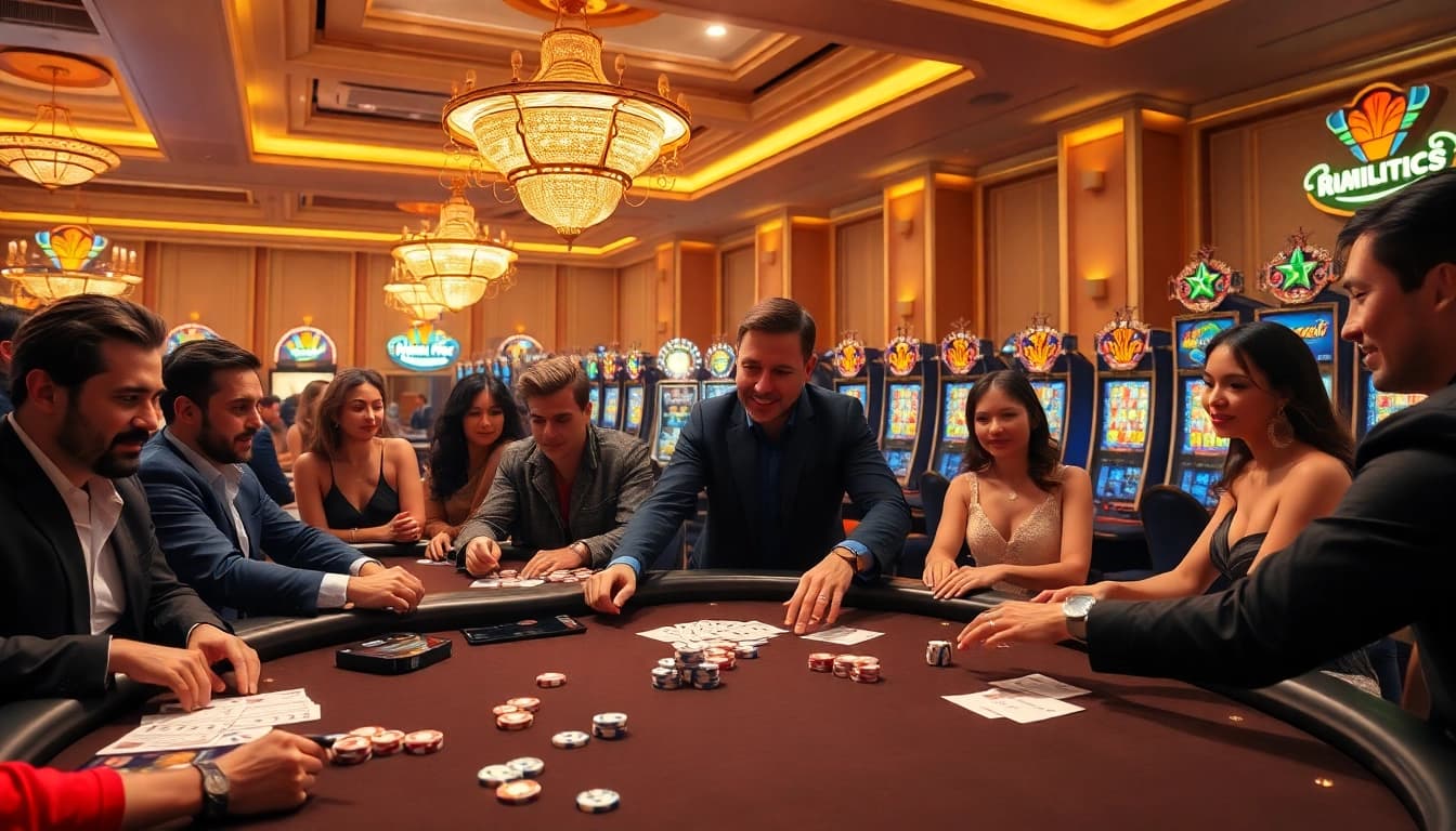 Exciting gambling scene at Nhà cái Hitclub with poker tables and vibrant slot machines.