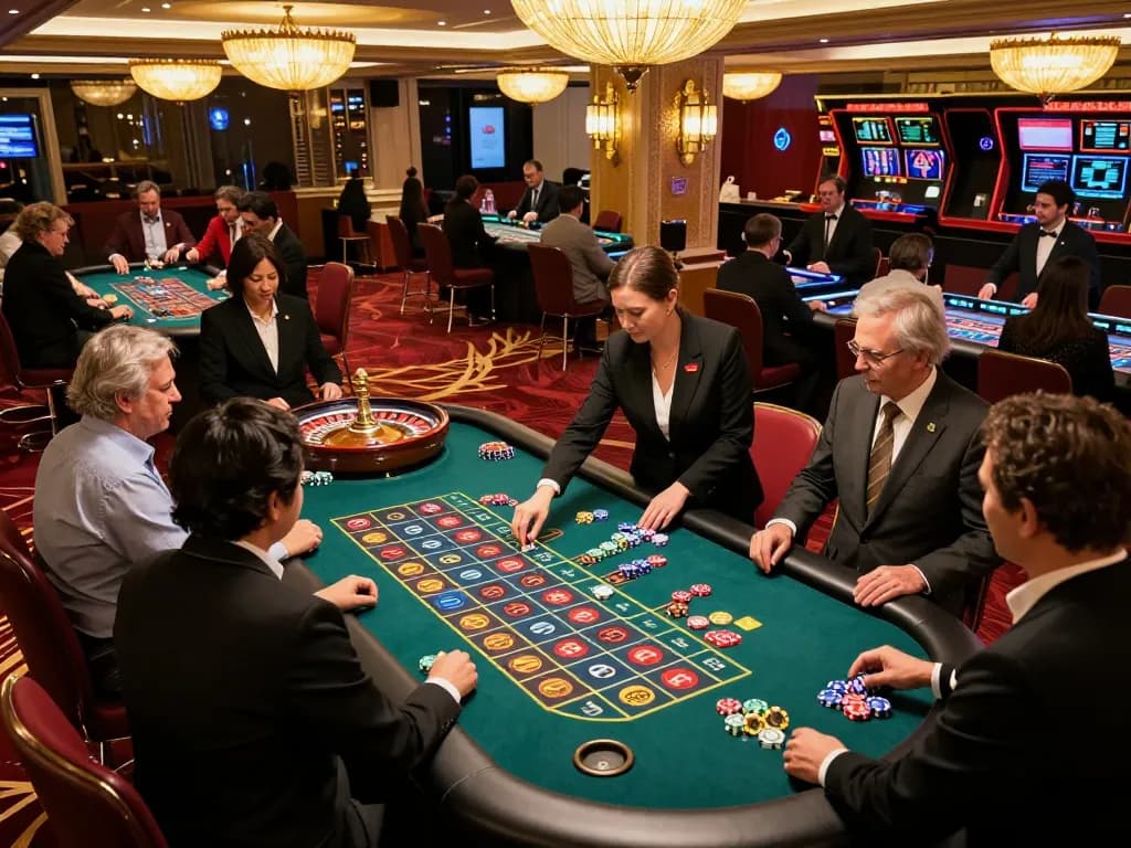 Players excitedly placing bets at the roulette table in a vibrant casino setting on f168.osaka.