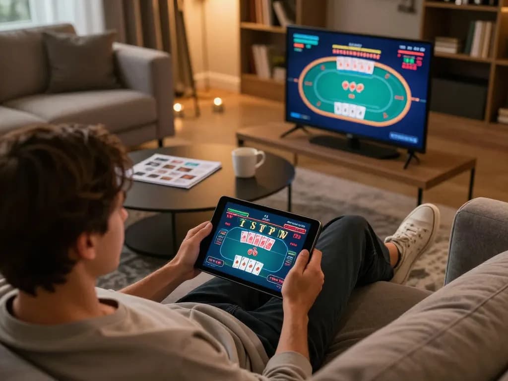 Engaging in online casino gameplay at home, showcasing SC88 on a tablet in a cozy environment