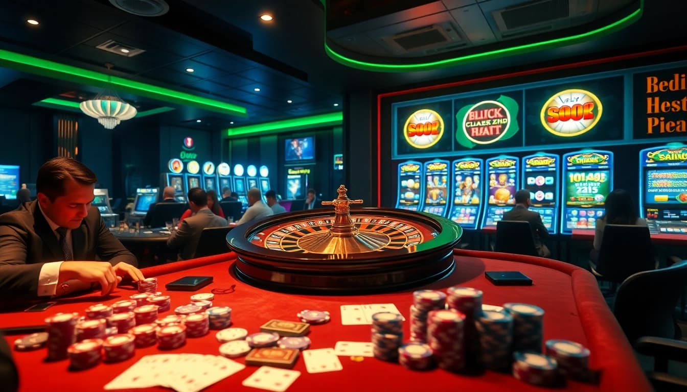 Experience glamorous gambling with https://net88.wtf/ at a vibrant casino scene featuring roulette, cards, and chips.