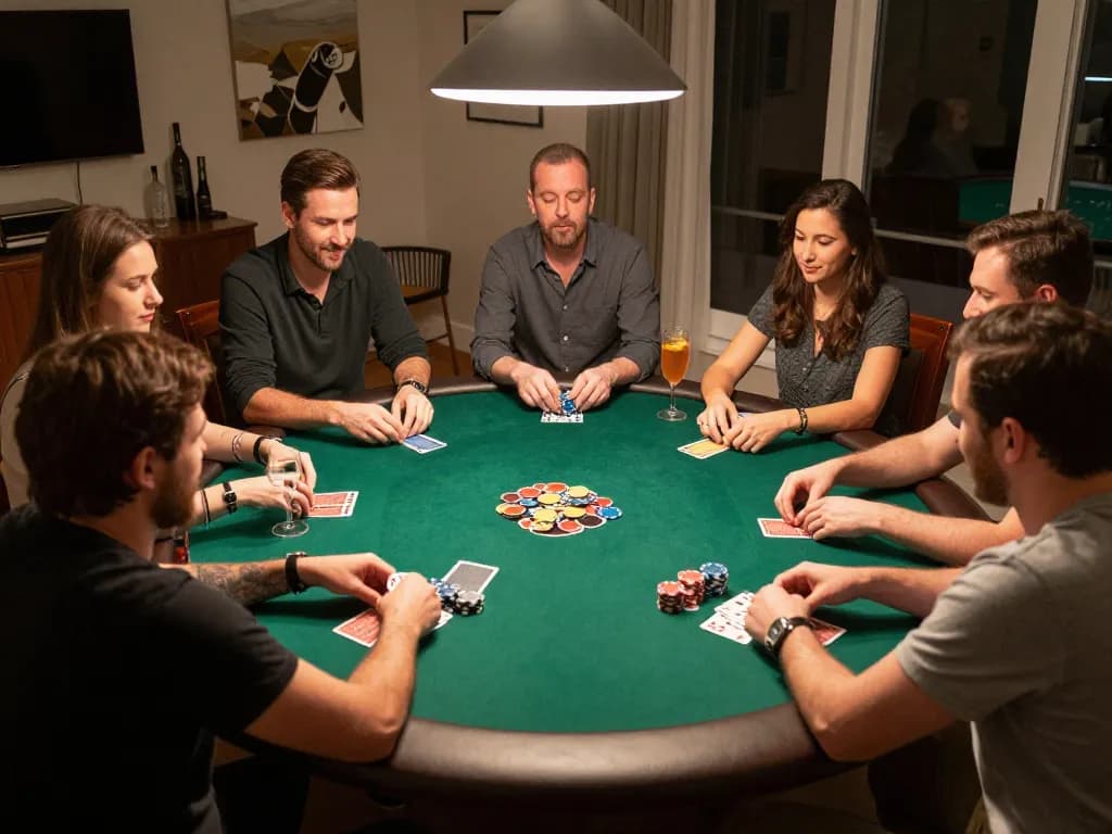 Players engaging in an exciting home poker game night while enjoying drinks and snacks with https://sbobet11.sa.com/ in a cozy atmosphere.