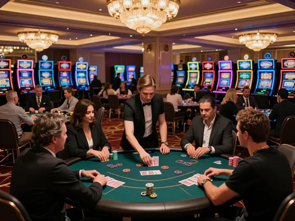 KUBET players enjoying an exciting poker game at a luxurious casino with vibrant slot machines in the background.