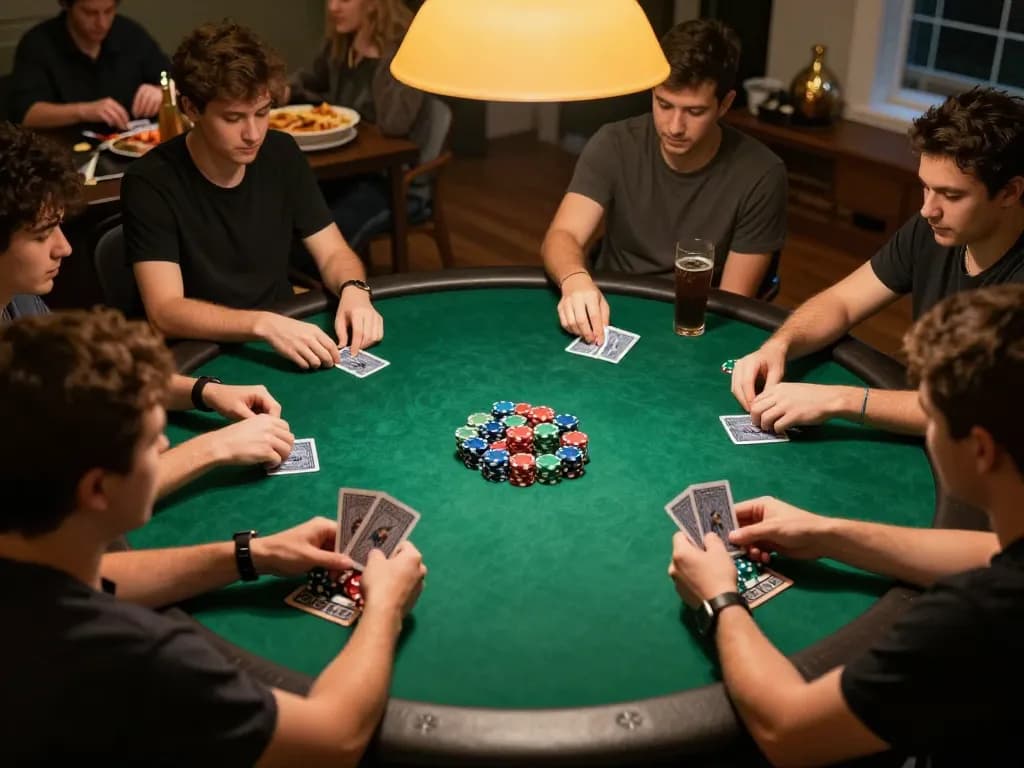 Players in a home poker game focusing on strategies and chips, showcasing sunwin's community-driven gambling experience.