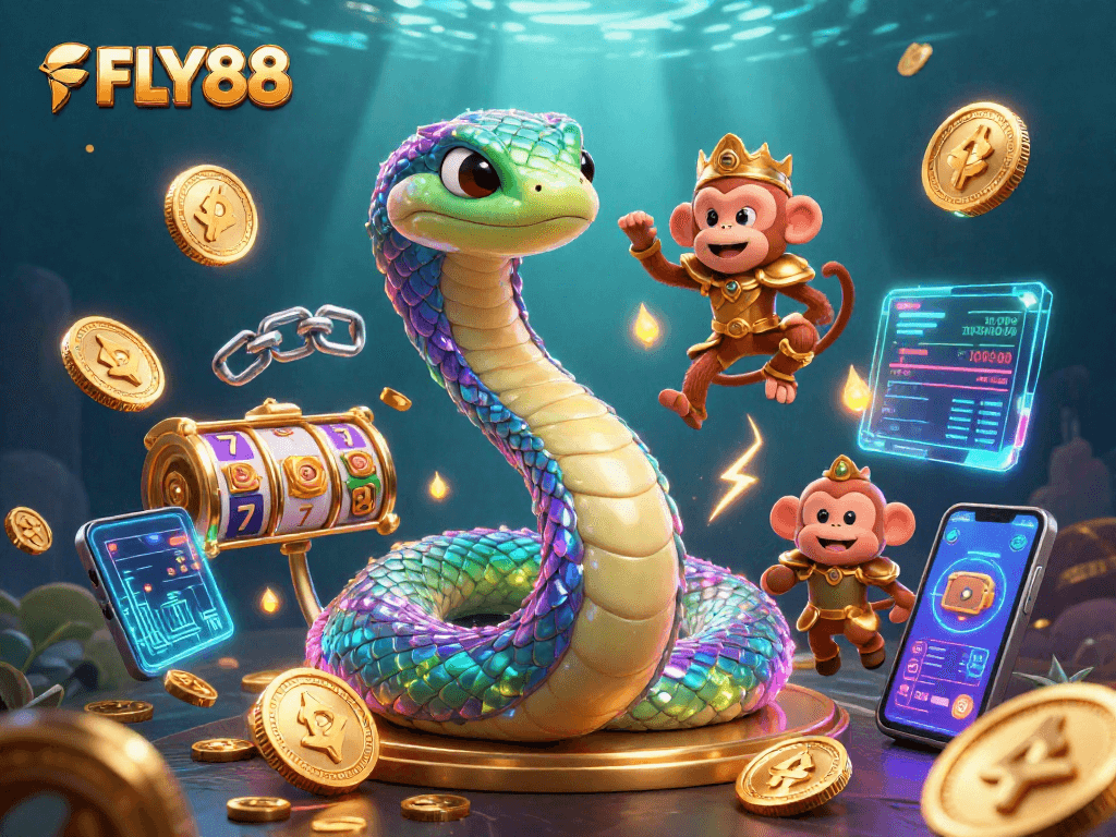 Engage with FLY88’s colorful gaming world featuring vibrant characters and casino elements.