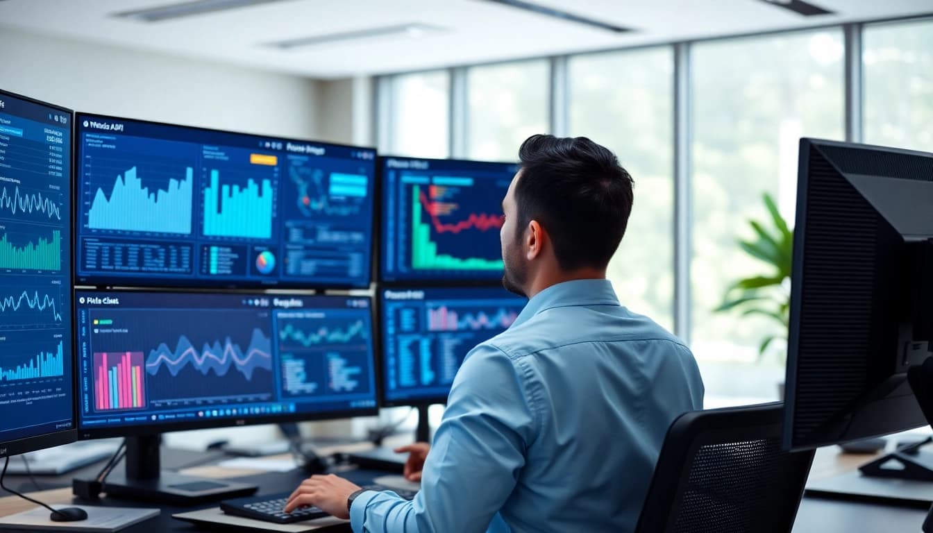 Visualize bulk whois API usage with a modern workstation displaying data analysis tools and charts.