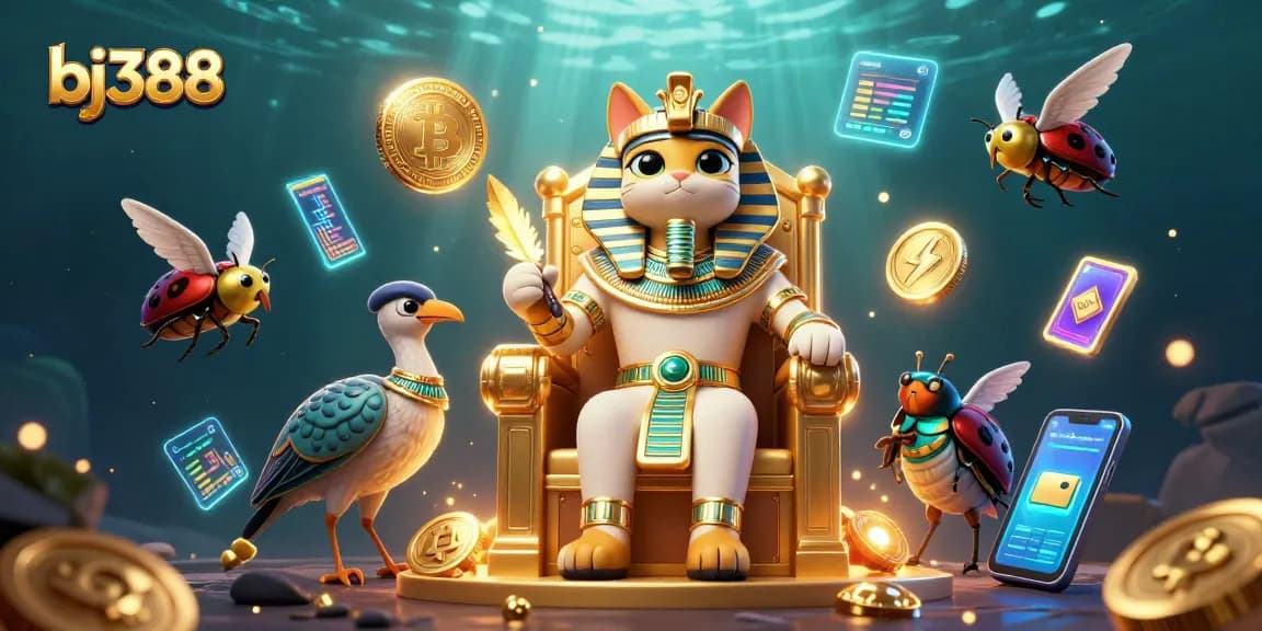 Engage in exciting bets at bj388 with an energetic 3D scene featuring a pharaoh cat and vibrant casino elements.