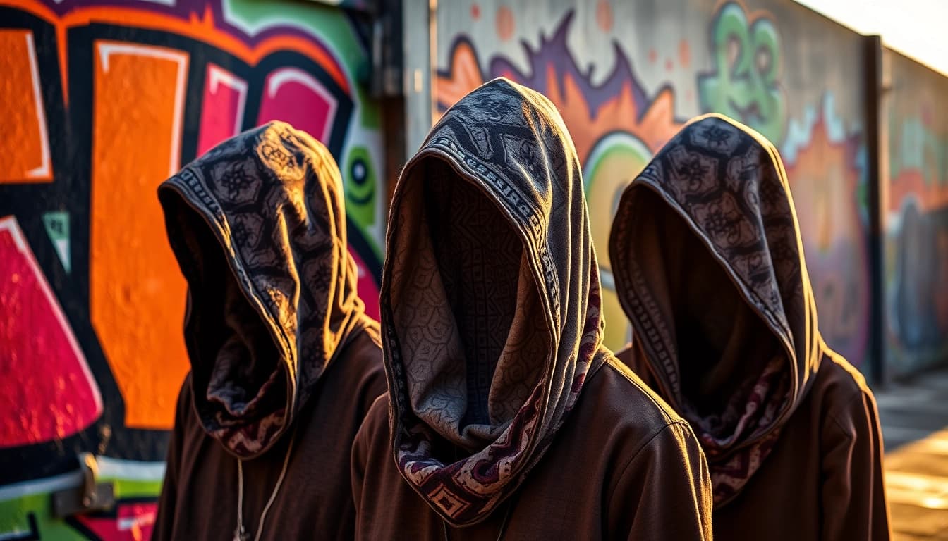 Showcasing stylish hoods embellished with urban art elements and stylish designs.