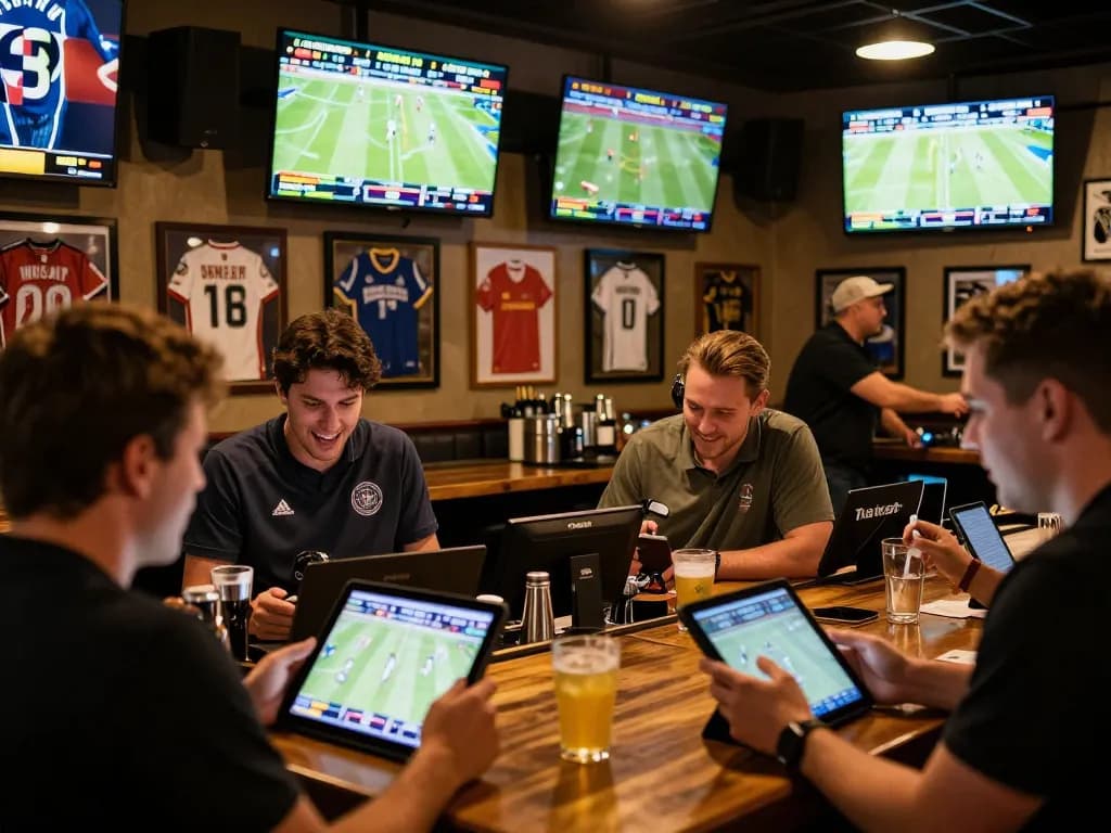 Sports enthusiasts placing bets on 88xeng during live games at a vibrant sports bar