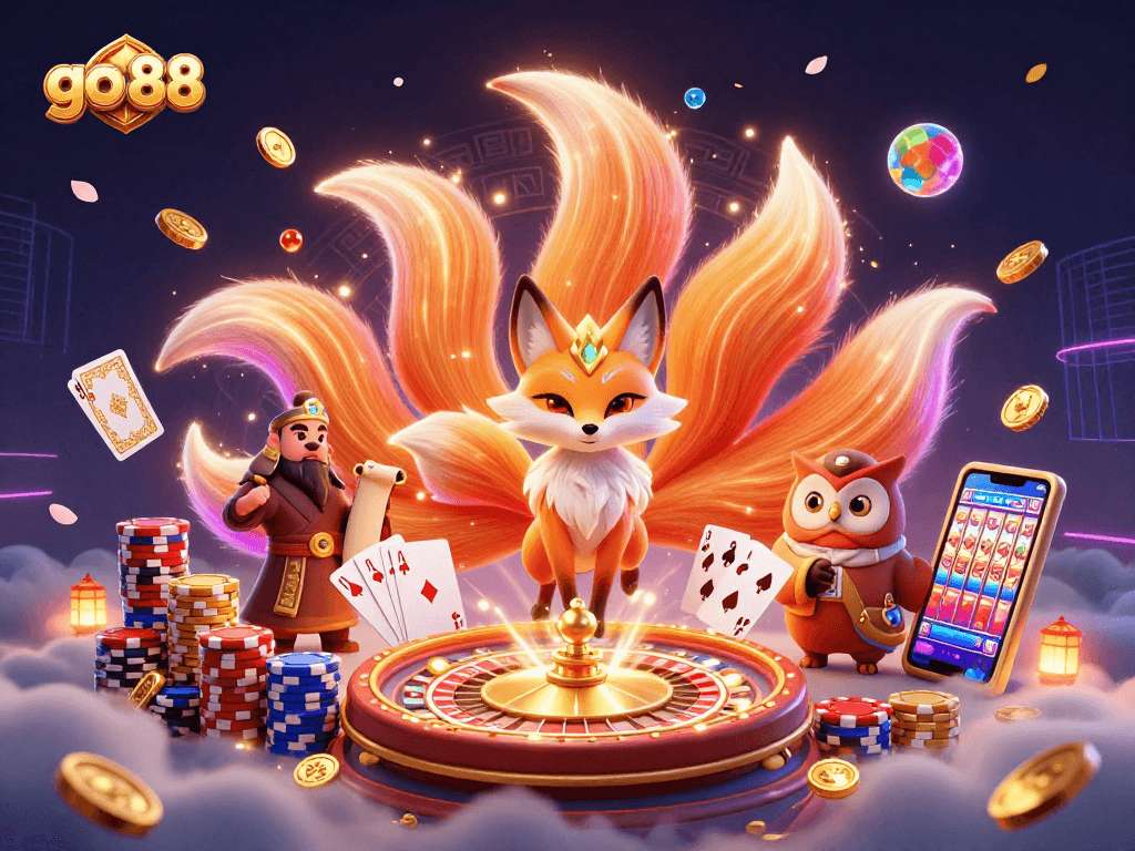 Experience thrill at go 88 with a mesmerizing scene of vibrant casino elements and animated characters.