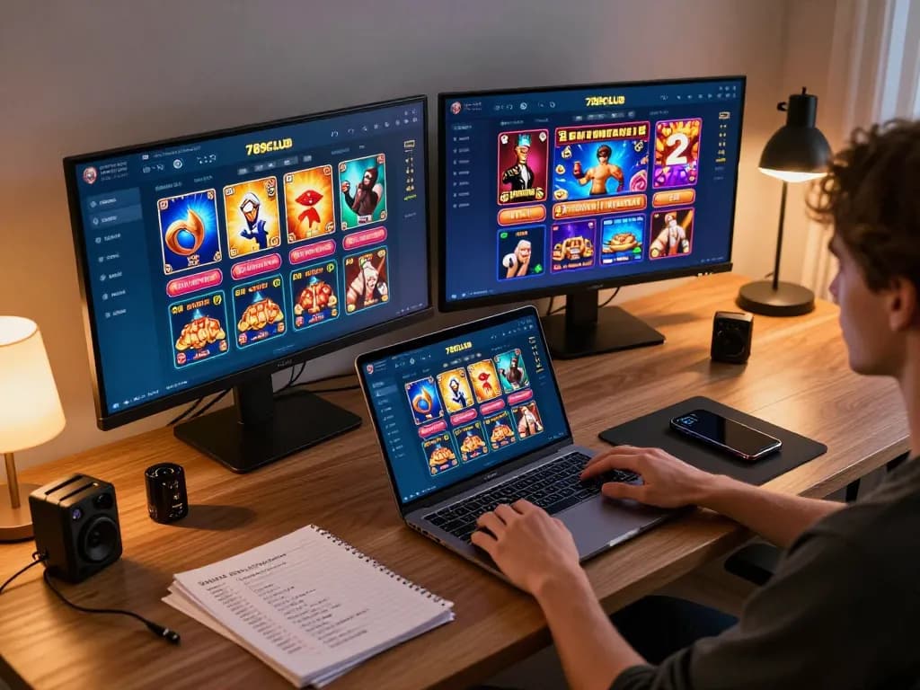 Engaged player enjoying 789CLUB app on multiple screens in a cozy gaming setup.