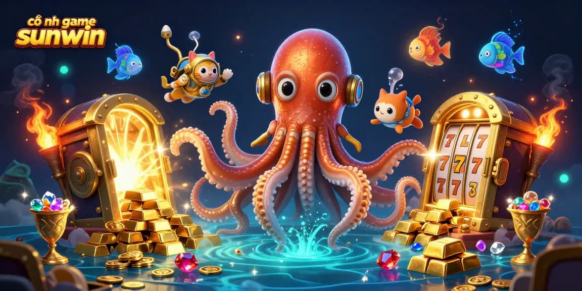 Cổng game sunwin showcases an epic underwater scene combining a kraken, diving cat, and slot reels in a treasure-filled ocean.