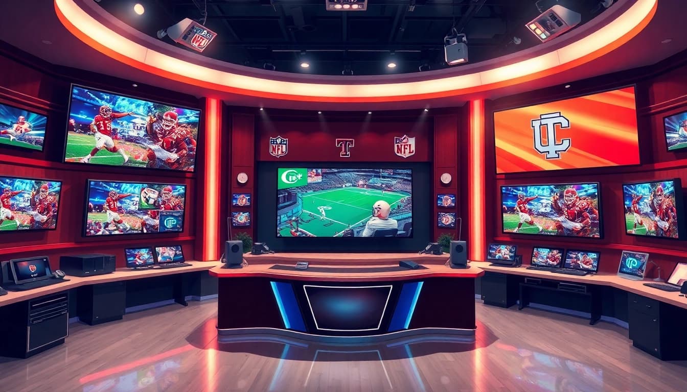 Engaging scene of sports broadcasting in a dynamic live studio setting.