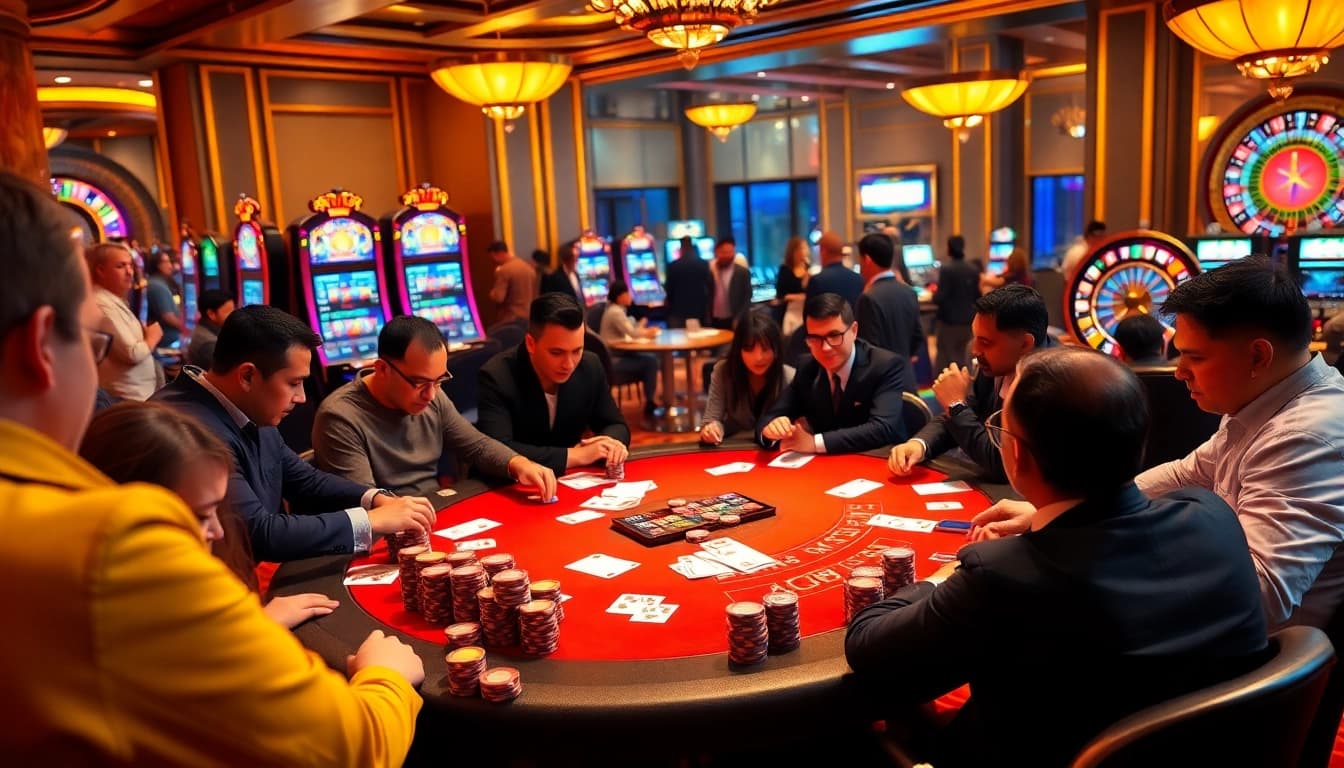 Experience the thrill of gambling at https://lucky88ai.net/ with a high-stakes poker game scene.