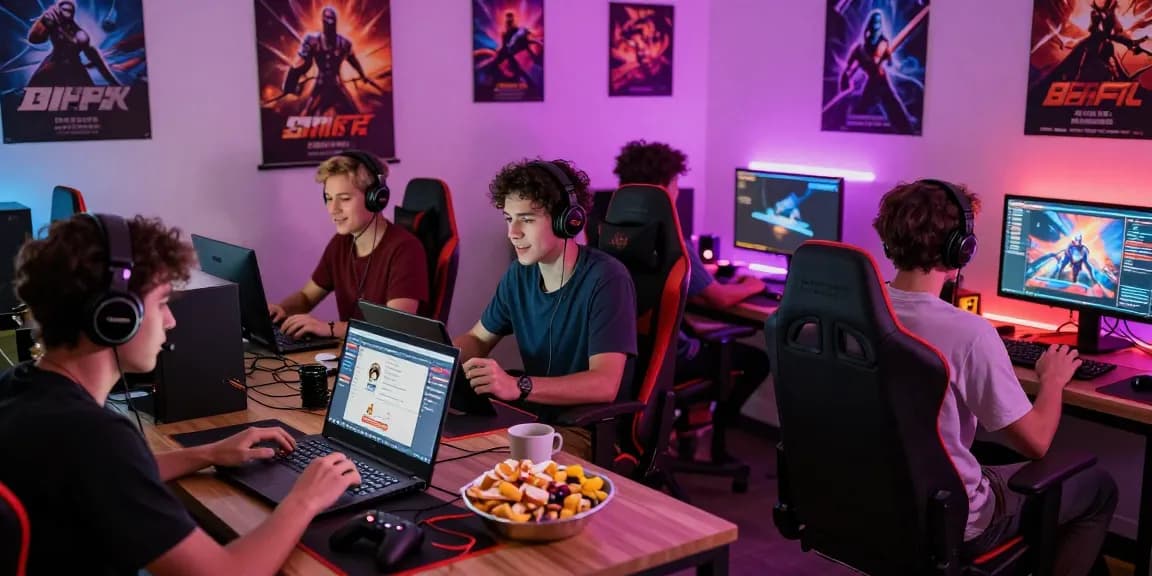 Gamers enjoying porn games online in a lively, colorful gaming room