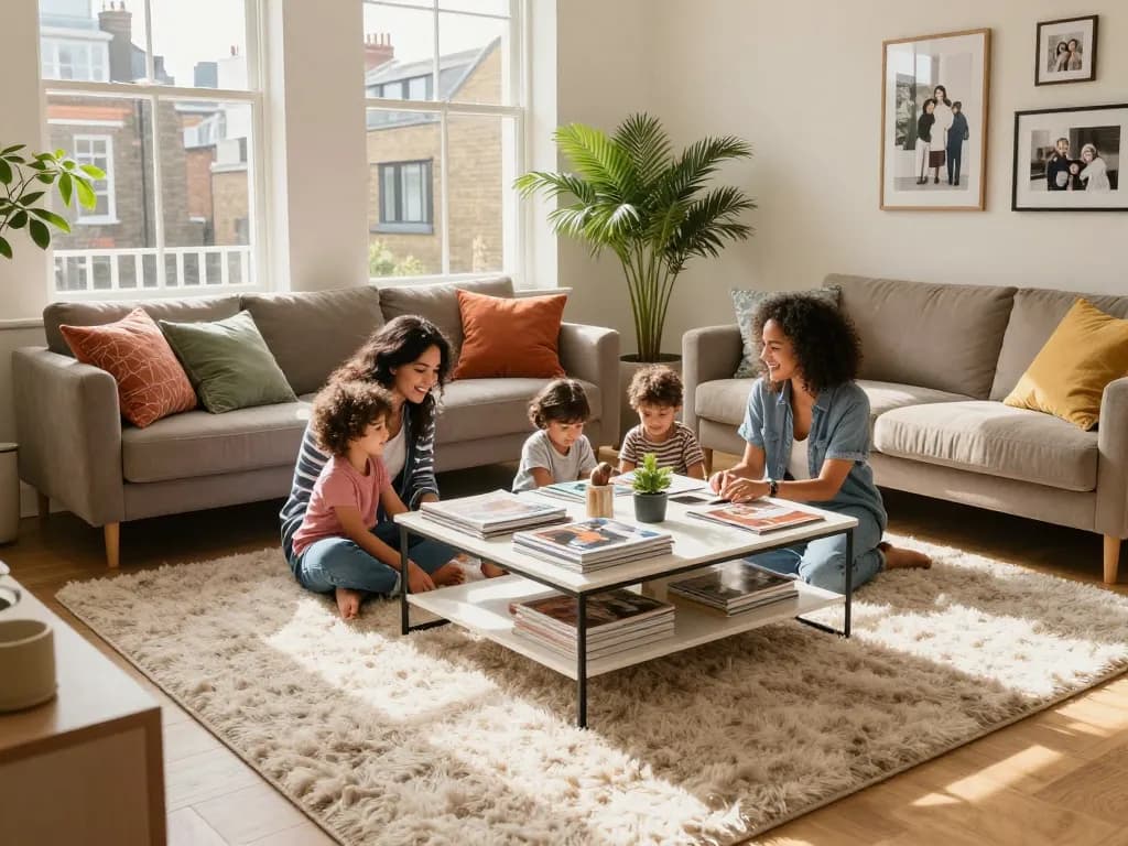 Affordable carpets London enhancing a cozy living room, with family enjoying quality time.