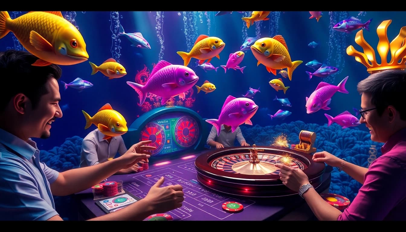 Players enjoying the thrill of bắn cá đổi thưởng in a vibrant underwater casino.