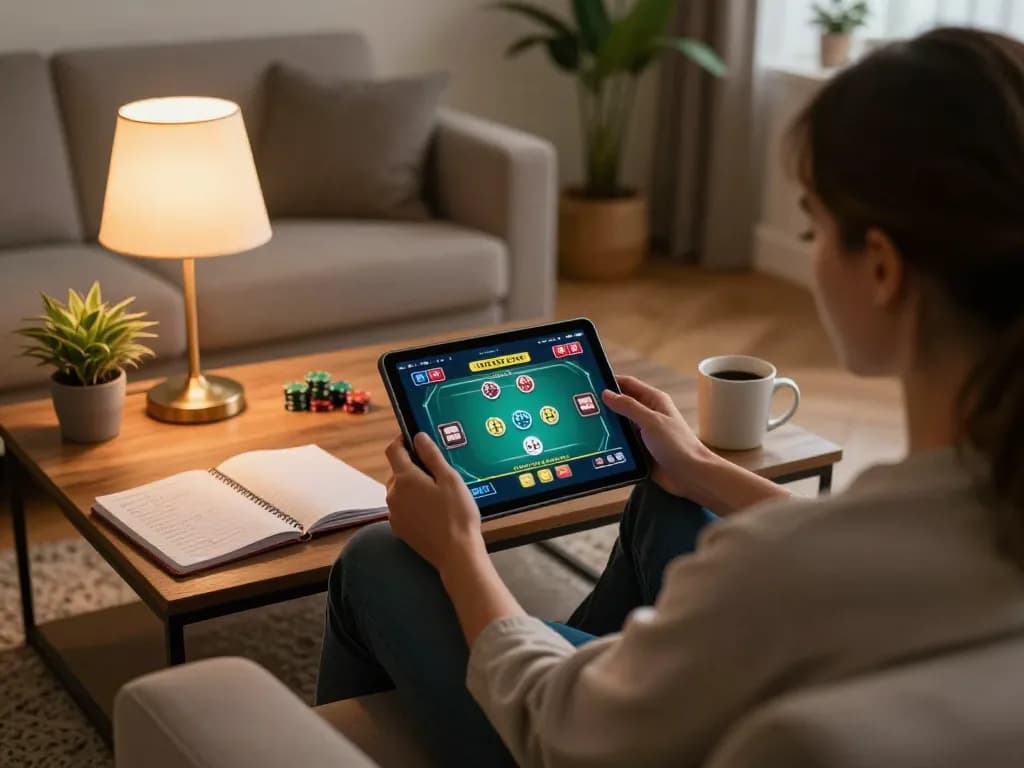 Player engaging in online poker game on XX88 platform at home, highlighting strategy and comfort.