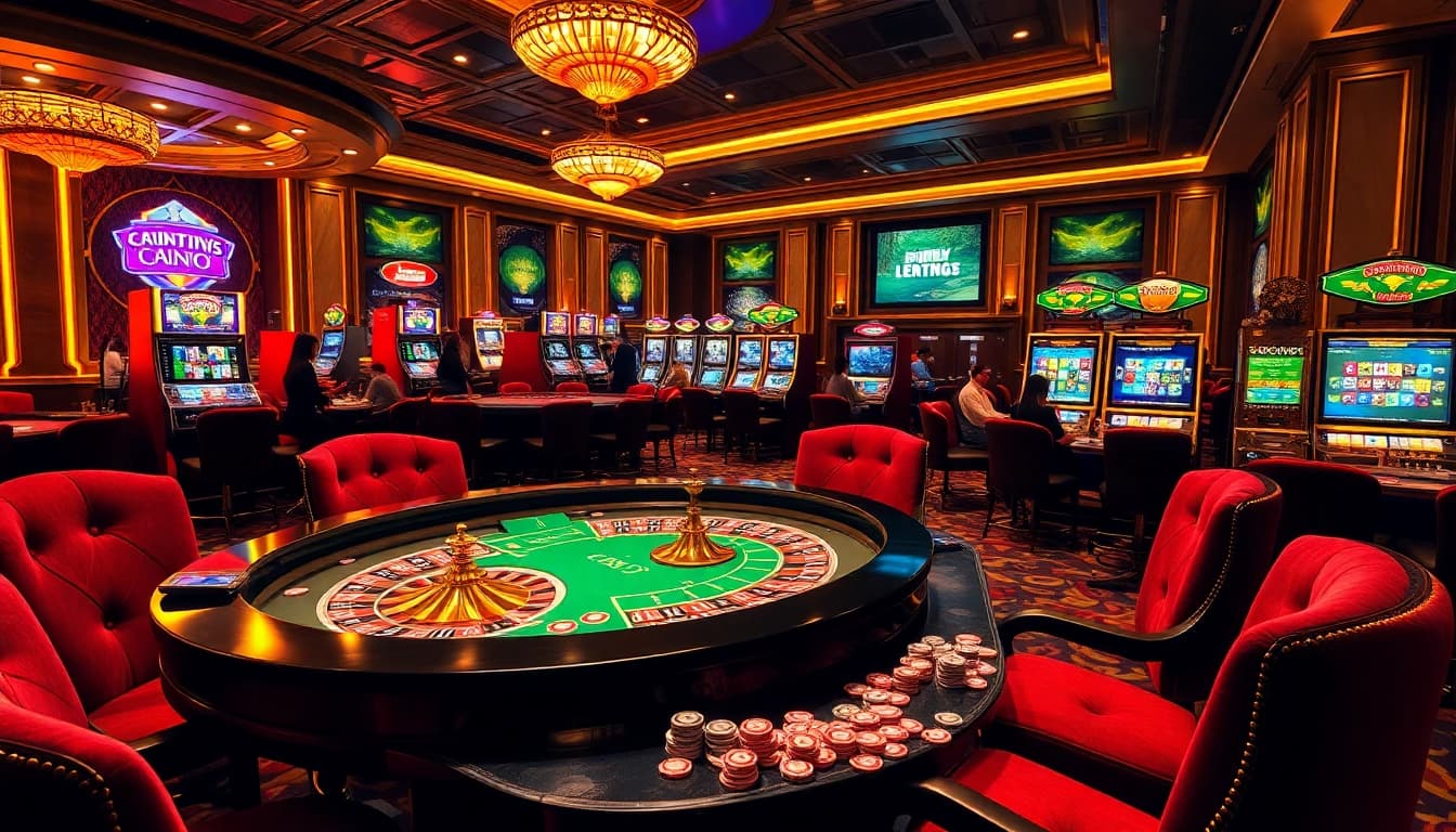 Exciting gaming atmosphere at may88 com featuring roulette and vibrant slot machines.