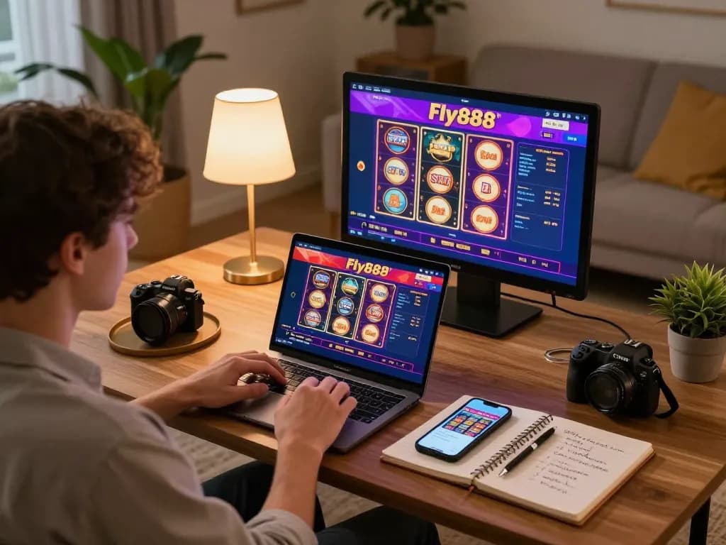 Engaging with Fly888 on a laptop and smartphone for online gambling strategies at home.