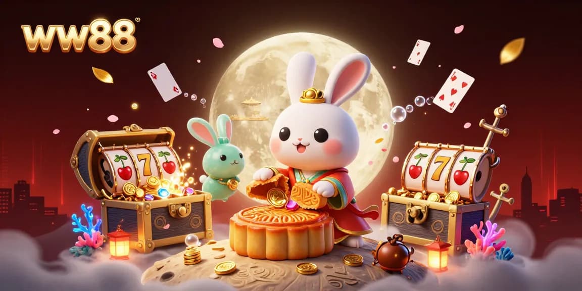 Engage in vibrant gaming at ww88, featuring a cartoon moon rabbit and poker elements.