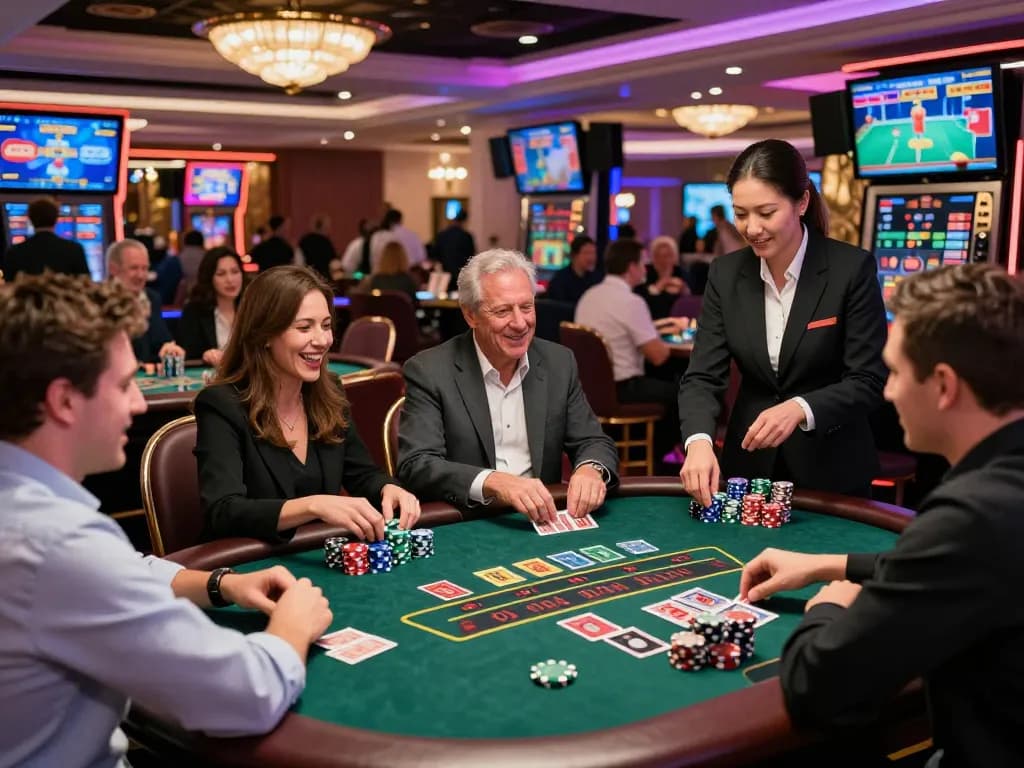 Exciting gambling scene at a casino table featuring engaged players and dealer, showcasing vibrant atmosphere with man88 keyword.