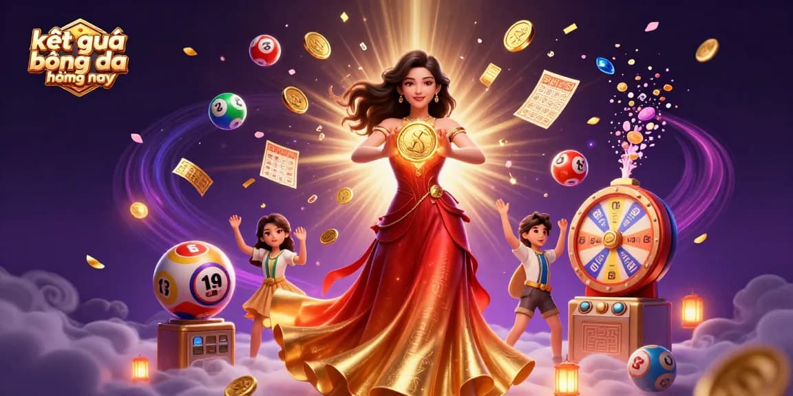 Engage with kết quả bóng đá hôm nay through a vibrant scene showcasing a beautiful Asian woman, coins, and dynamic lottery elements.