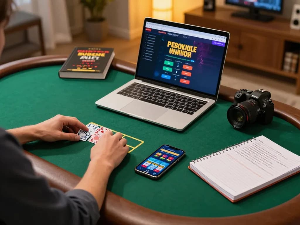 man88 player analyzing poker strategies at home using tablet and laptop for effective bankroll management