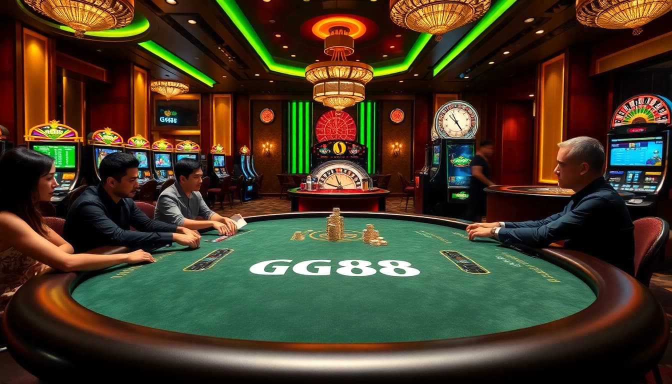 Experience the thrill of GG88 at a luxurious poker table in a vibrant casino setting.