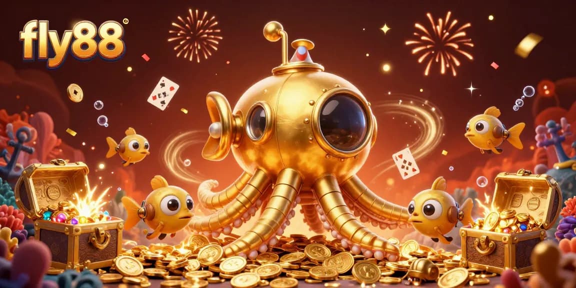 Experience thrilling gaming adventures with fly88, featuring a dynamic 3D kraken and casino elements.