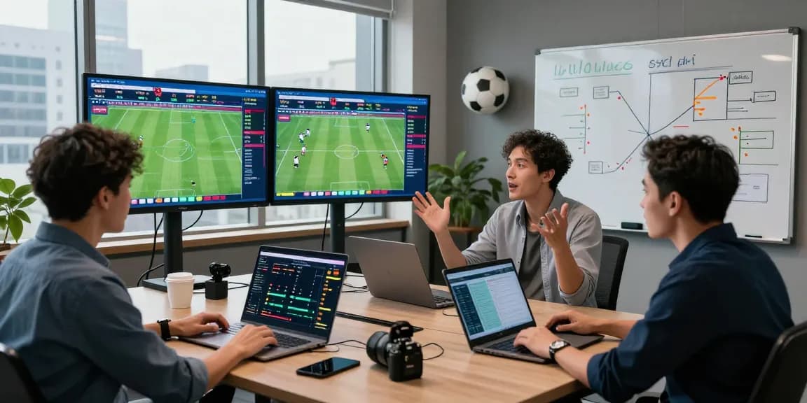 A diverse team at soikeonhacai.com.co analyzing football betting data with real-time statistics and strategic insights in a modern office.