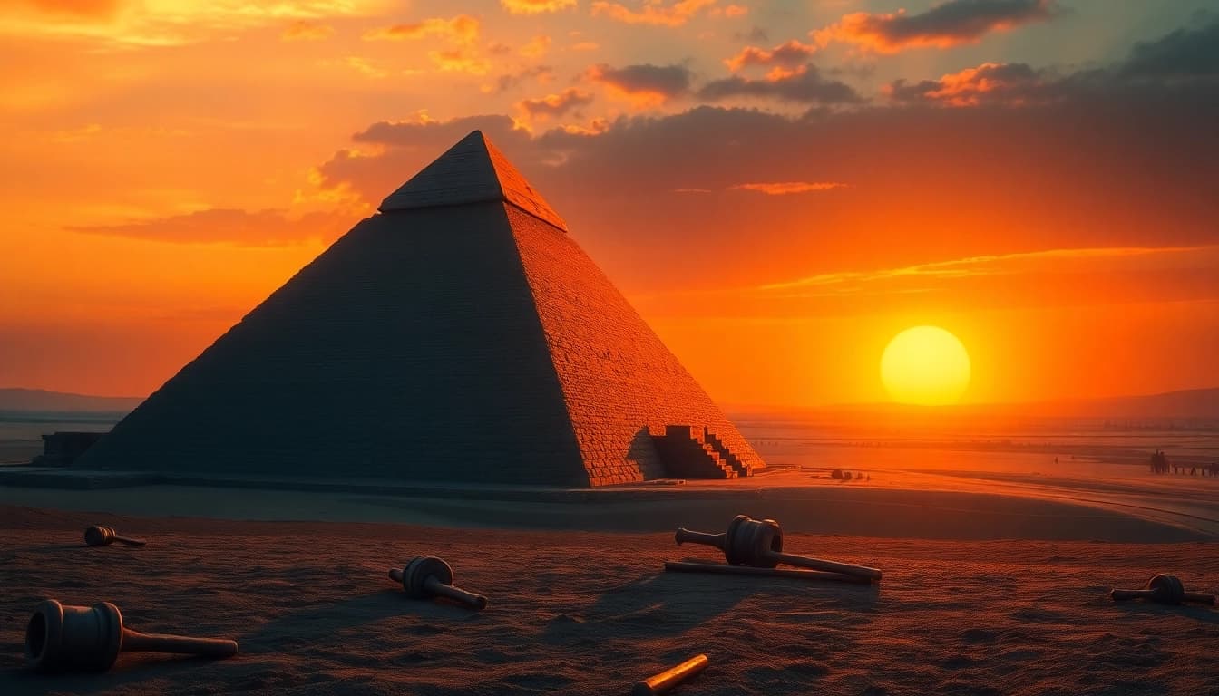 Experience the majestic Great Pyramid of Giza from https://piraminds.com/ against a stunning sunset backdrop.
