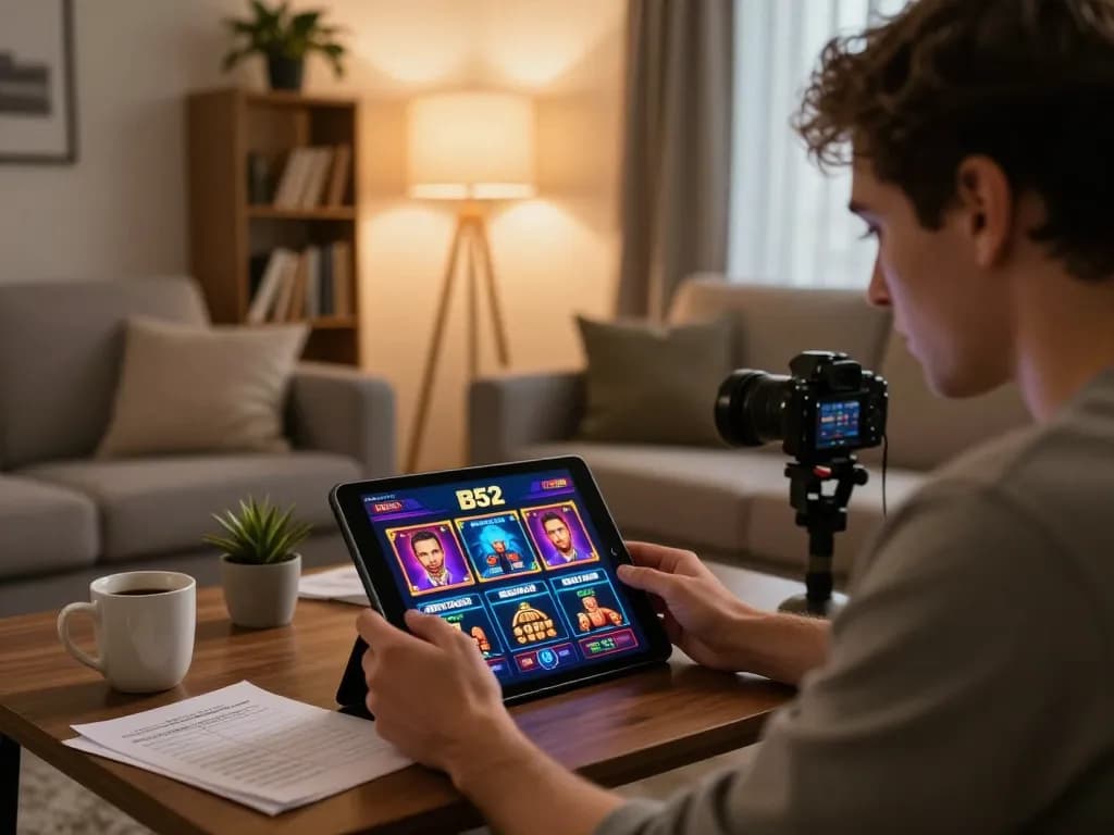 B52 online casino gaming session with a player analyzing strategy notes on a cozy home setup.