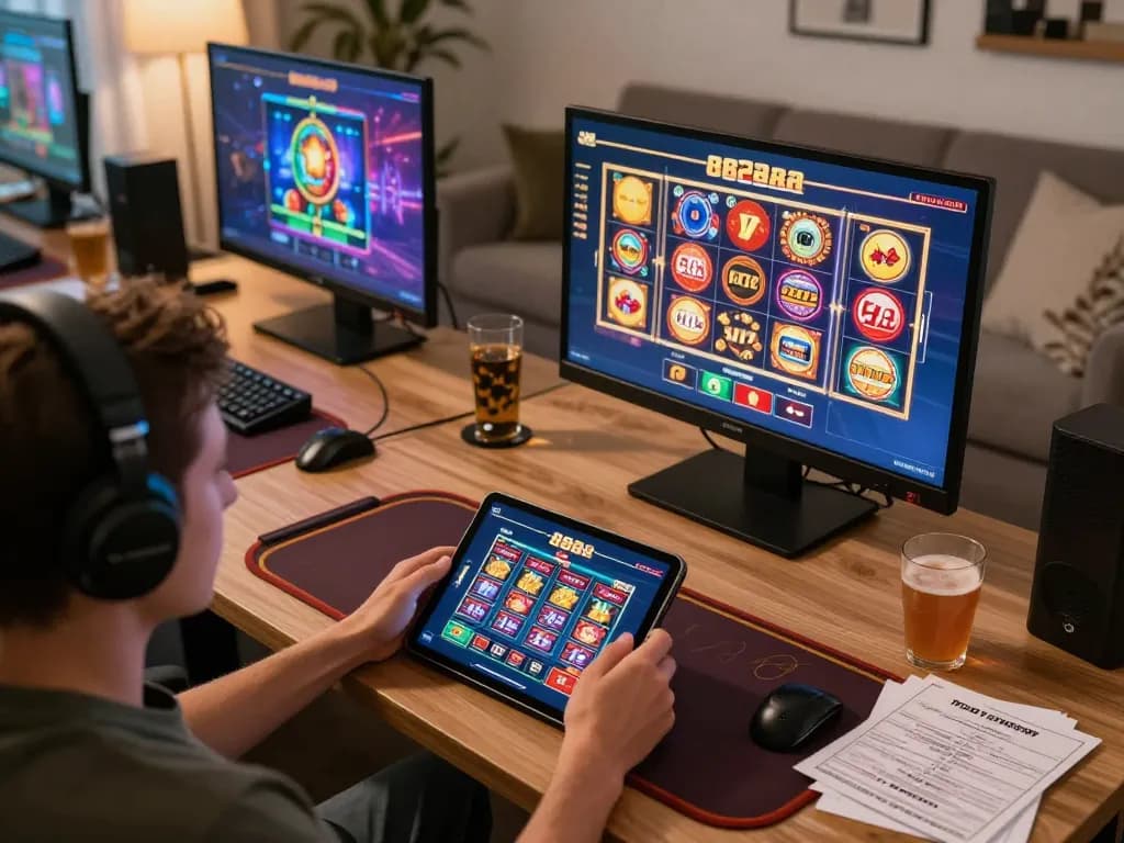 Engaged gamer using 88aa tablet for an immersive online casino experience in a relaxed home setting.