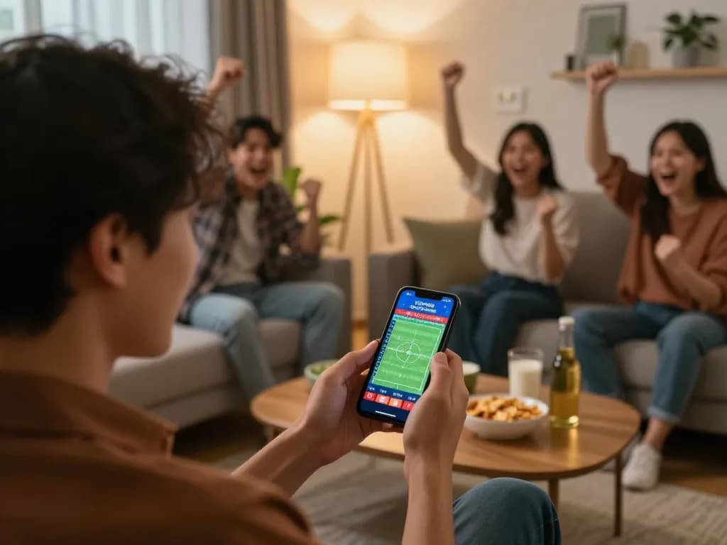 Engaged user checking kèo bóng đá trực tuyến odds on smartphone in a cozy betting setup