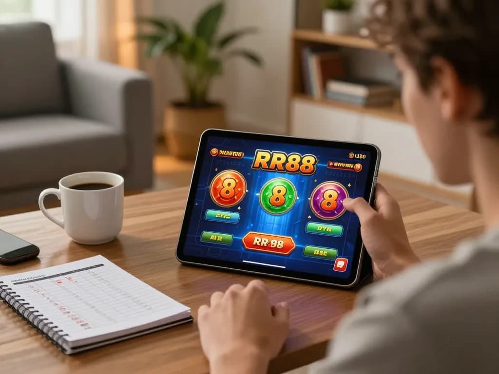 Player enjoying RR88 casino games on a tablet in a cozy living room atmosphere, promoting responsible gaming.