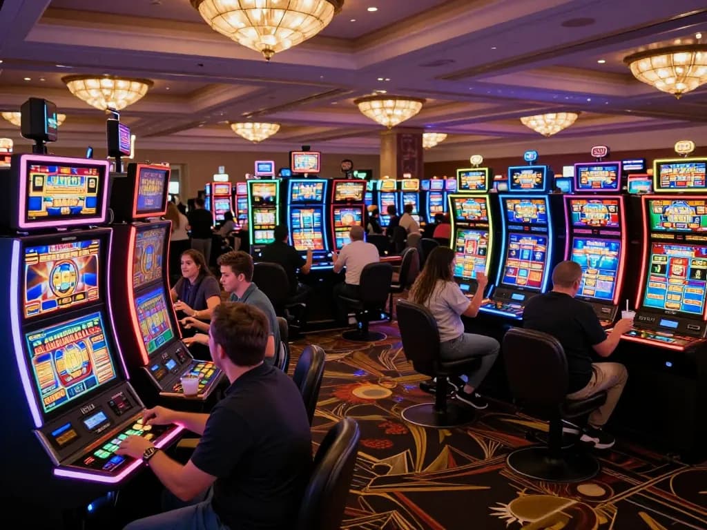 rikvip players enjoying vibrant slot machines in a lively casino environment, showcasing excitement and gaming action