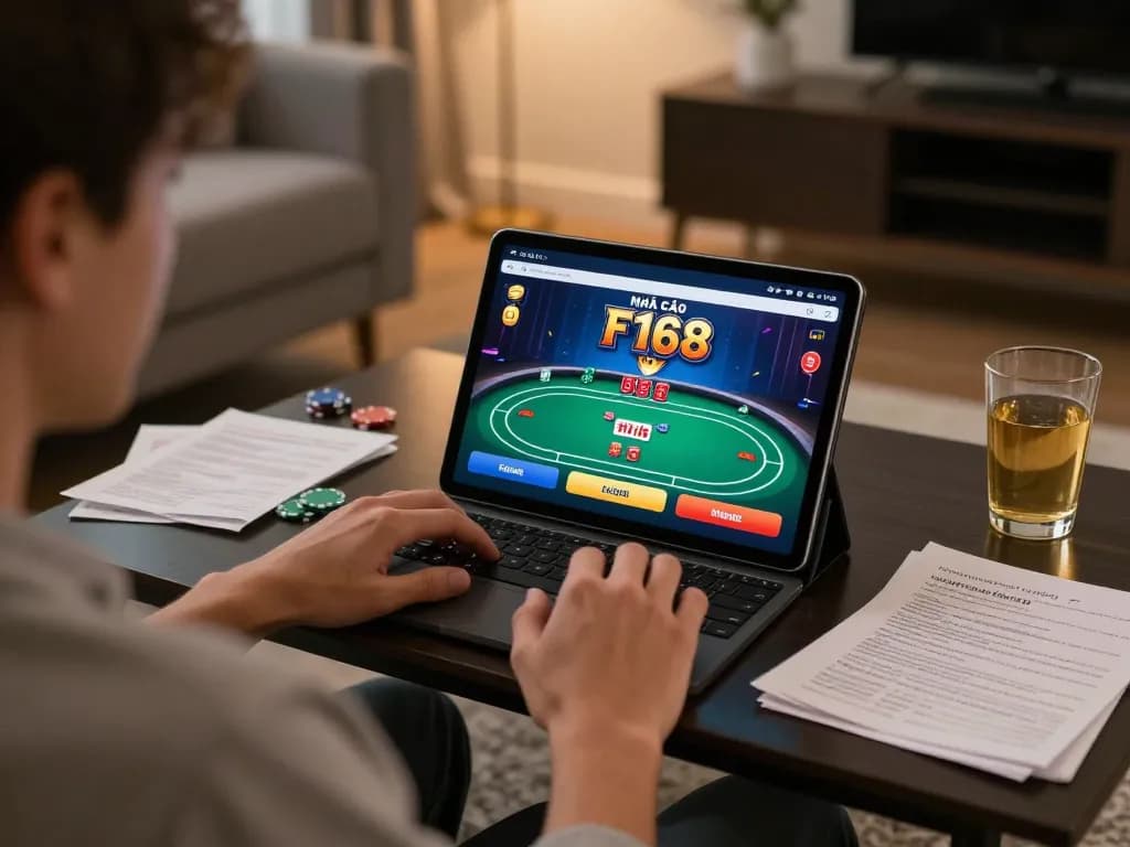 Engaging online gaming session with NHÀ CÁI F168, showing player using tablet for poker.